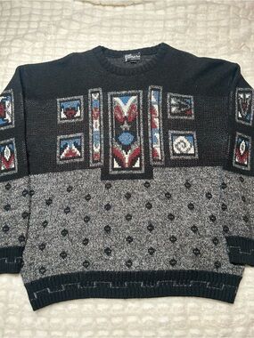 HP Black & Gray Geometric Crewneck with Red & Blue Accents
